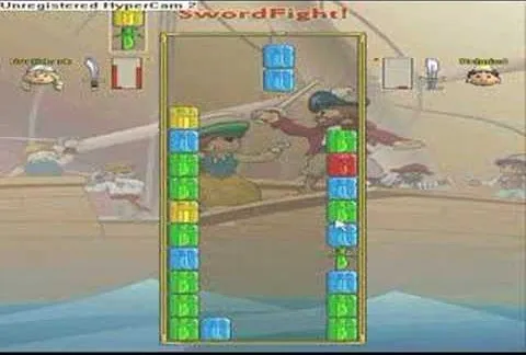 Colorful game interface featuring a pirate-themed sword fight between two characters, with stacked blocks in the foreground.