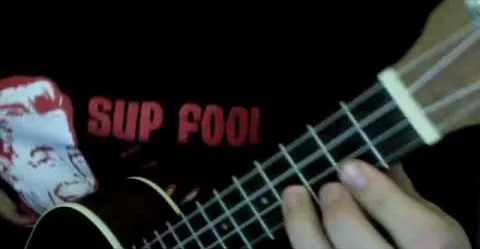Person playing a ukulele while wearing a humorous t-shirt.
