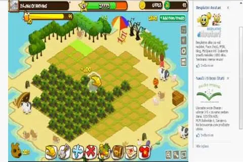 A colorful virtual farming game interface featuring crops, trees, and various animated characters.