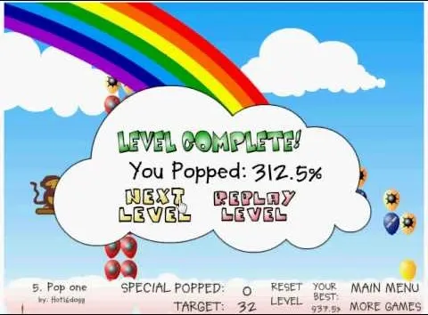 Level complete screen from a mobile game displaying "You Popped: 312.5%" with options for next level and replay level.