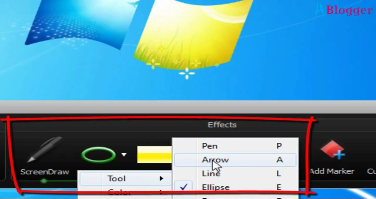 Screenshot of Windows desktop showing drawing tool options, including Pen, Arrow, Line, and Ellipse.