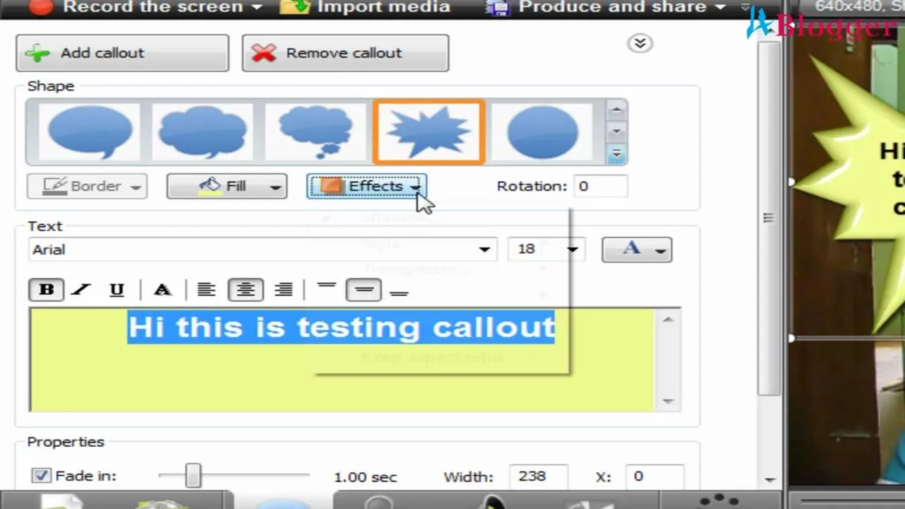 Text editing interface with a speech bubble and explosion shapes, featuring test text "Hi this is testing callout."