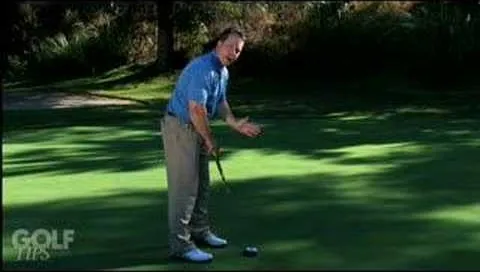 Golfer demonstrating a putting stance on a green.