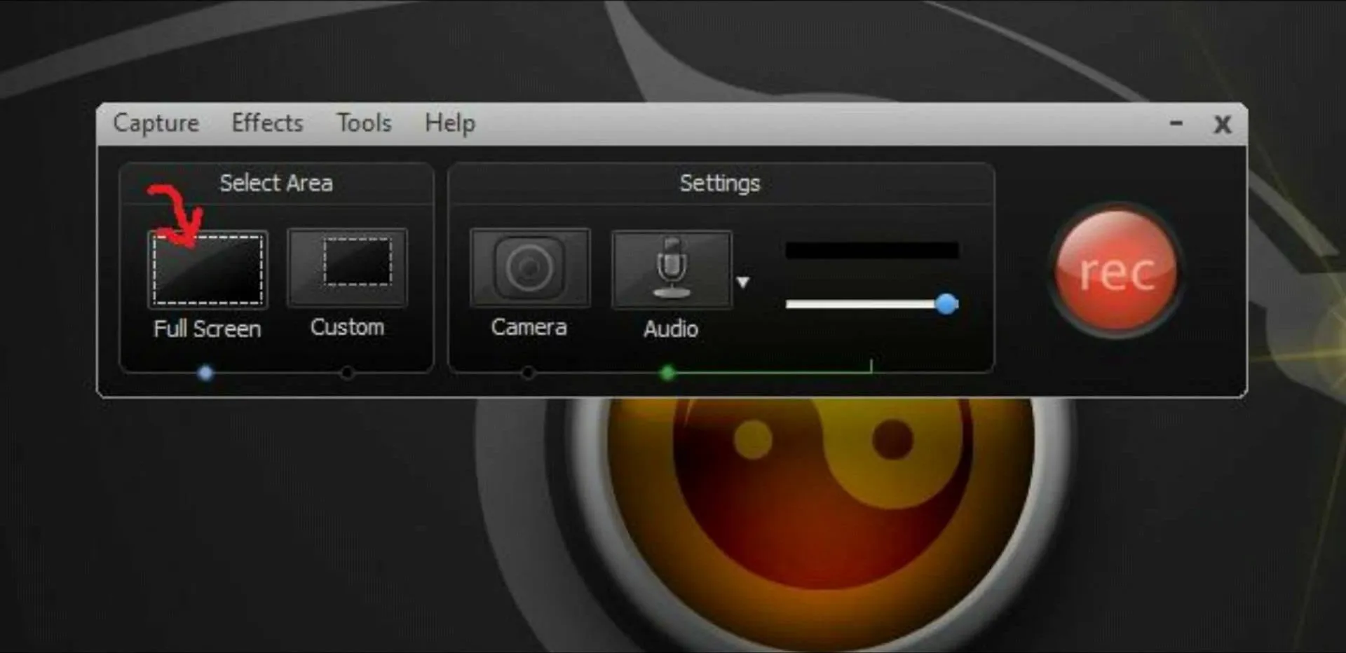 Screen recording software interface with options for selecting area, settings for camera and audio.