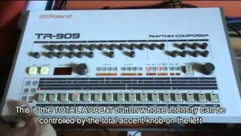 Roland TR-909 Rhythm Composer with controls and knobs.