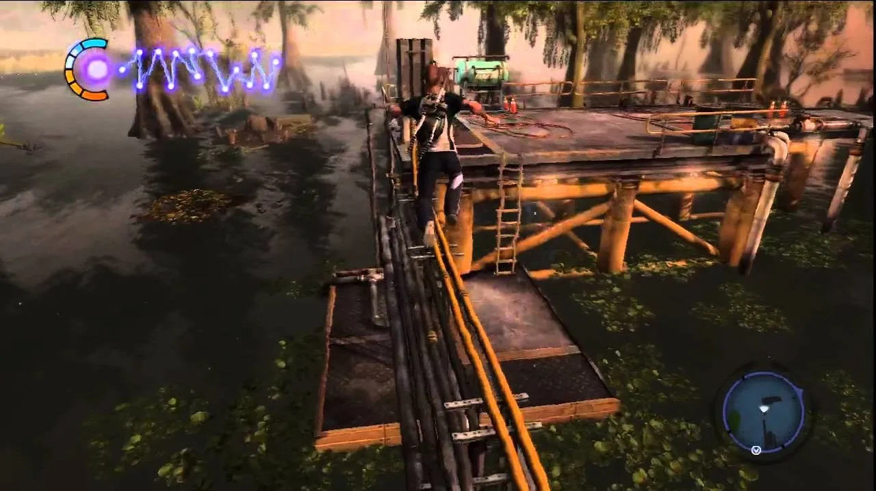 A character balancing on a wooden platform above a swampy area.