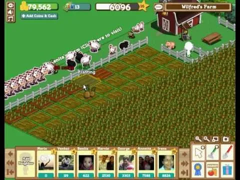 Farm scene with animals and crops, featuring a red barn and fenced pastures.