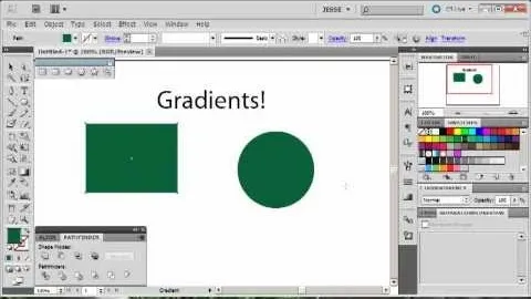 Gradient examples with a rectangle and a circle in a design software interface.