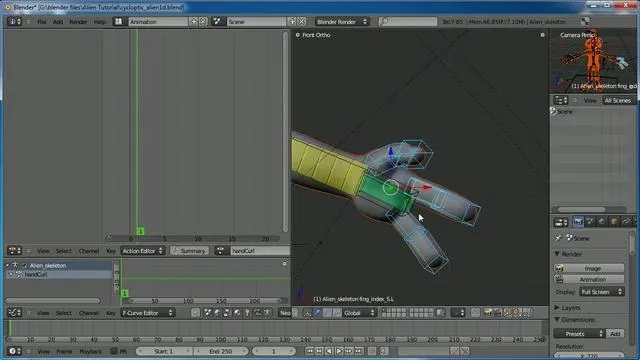 3D model of a robotic hand in Blender software.
