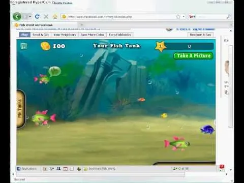 Underwater scene from a colorful fish game with coins and various fish swimming.