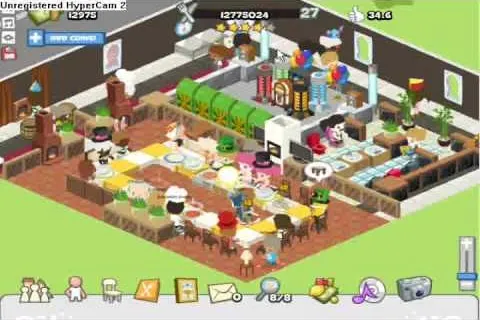 A colorful and vibrant virtual restaurant interior with various characters dining and interacting.