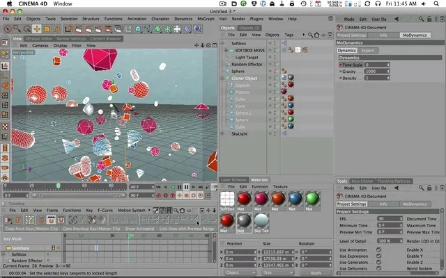 3D animation software interface displaying colorful geometric shapes and particles.