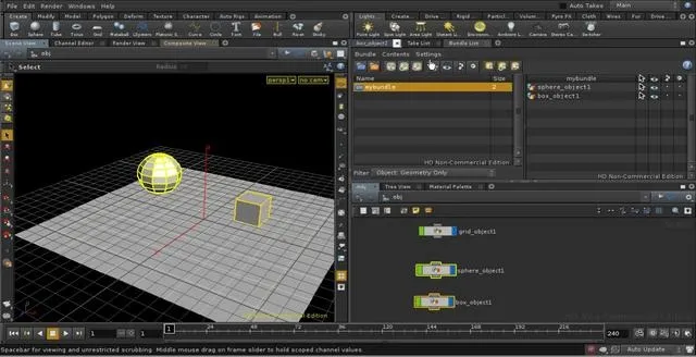 3D modeling software interface displaying a sphere and cube in a grid environment.