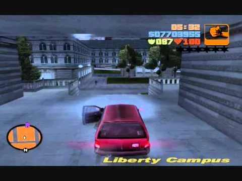 A red car driving through a campus area in a video game.