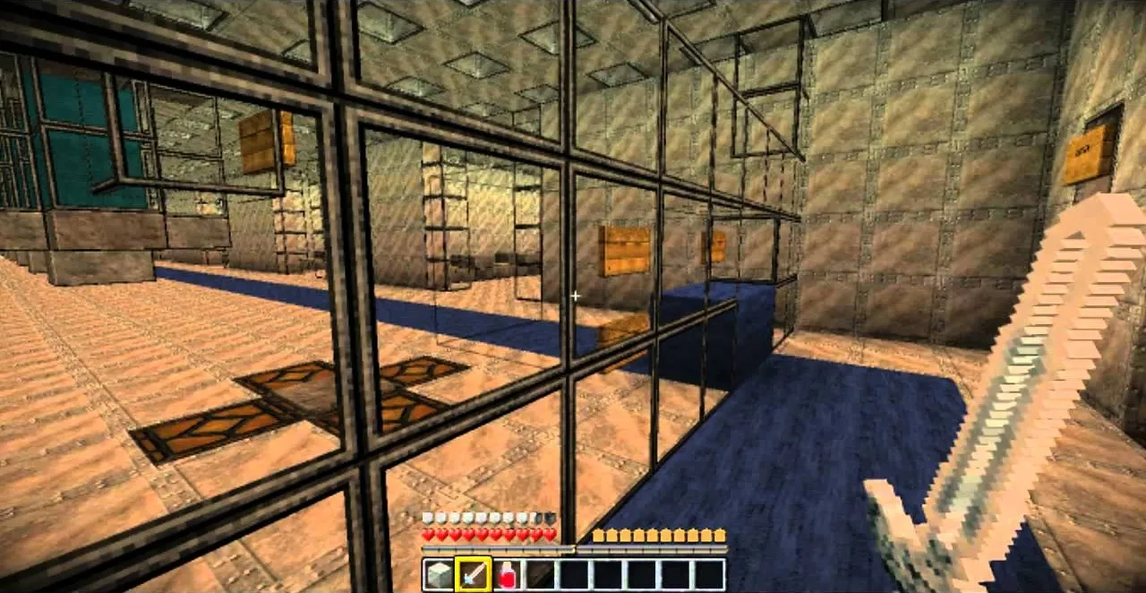 Minecraft game interior with glass walls and water features.