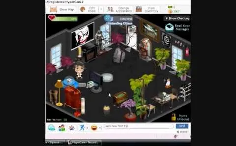 A virtual room with various furniture, plants, and decorations, featuring a character interacting in the space.