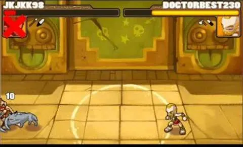 Gameplay screenshot of a 2D fighting video game featuring two characters in a battle arena.