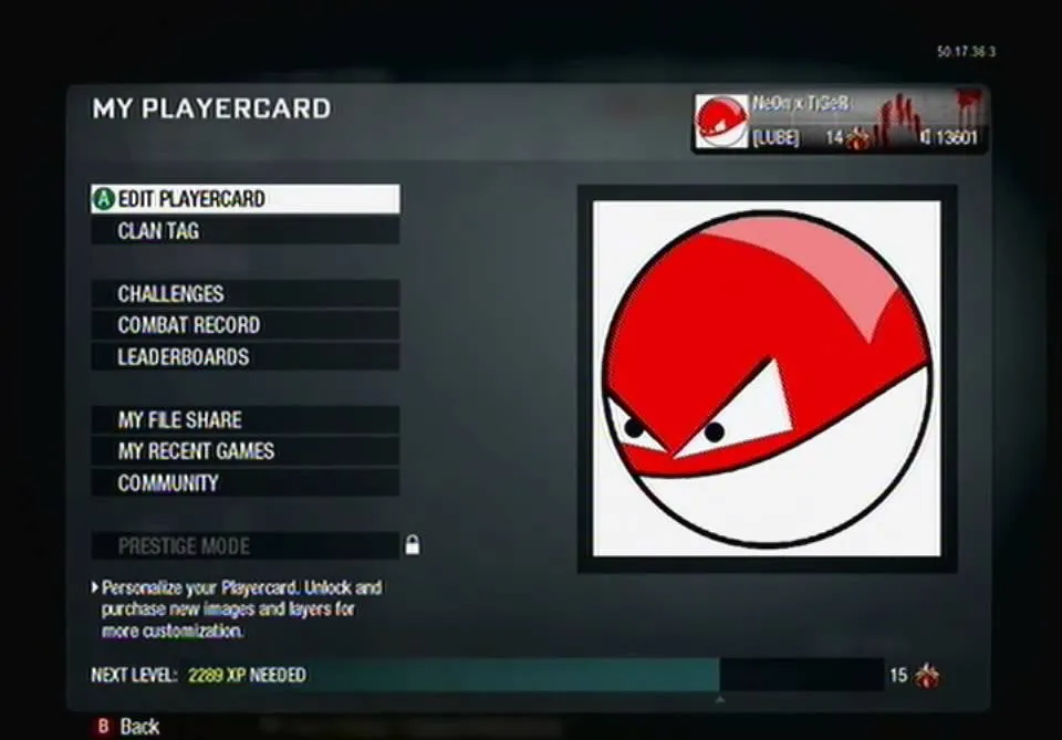 Gaming profile interface featuring a stylized red and white logo.