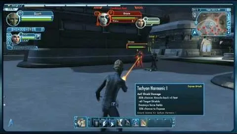 A character in a sci-fi video game engaging in combat with a target highlighted on the screen.
