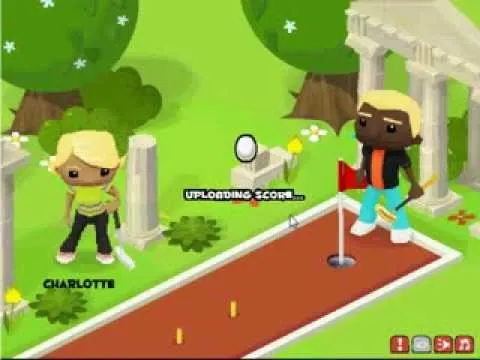 Cartoon characters playing mini-golf in a green park setting.