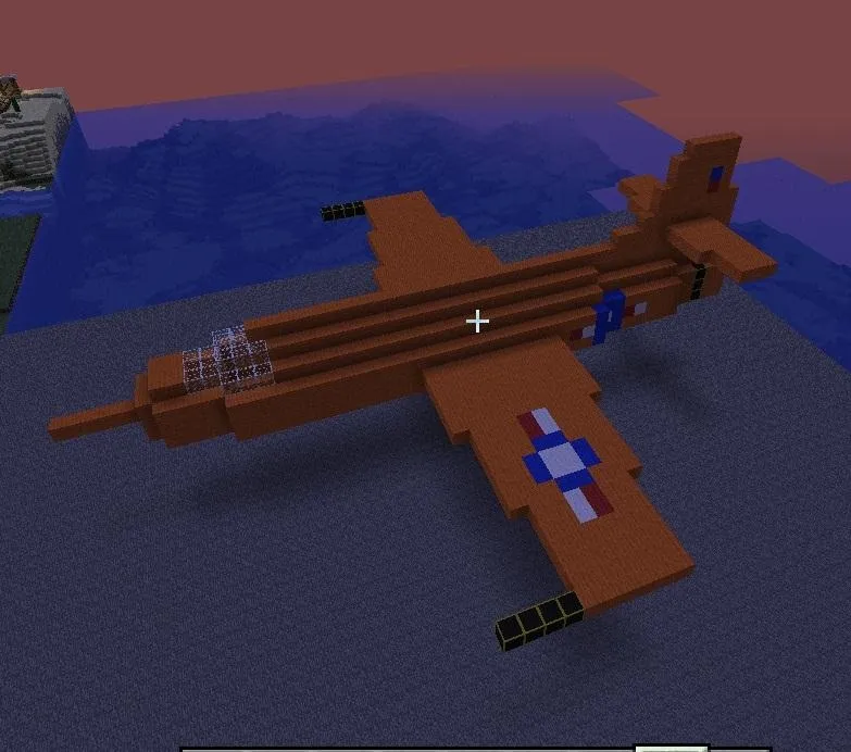 Minecraft-style aircraft on a water surface during sunset.