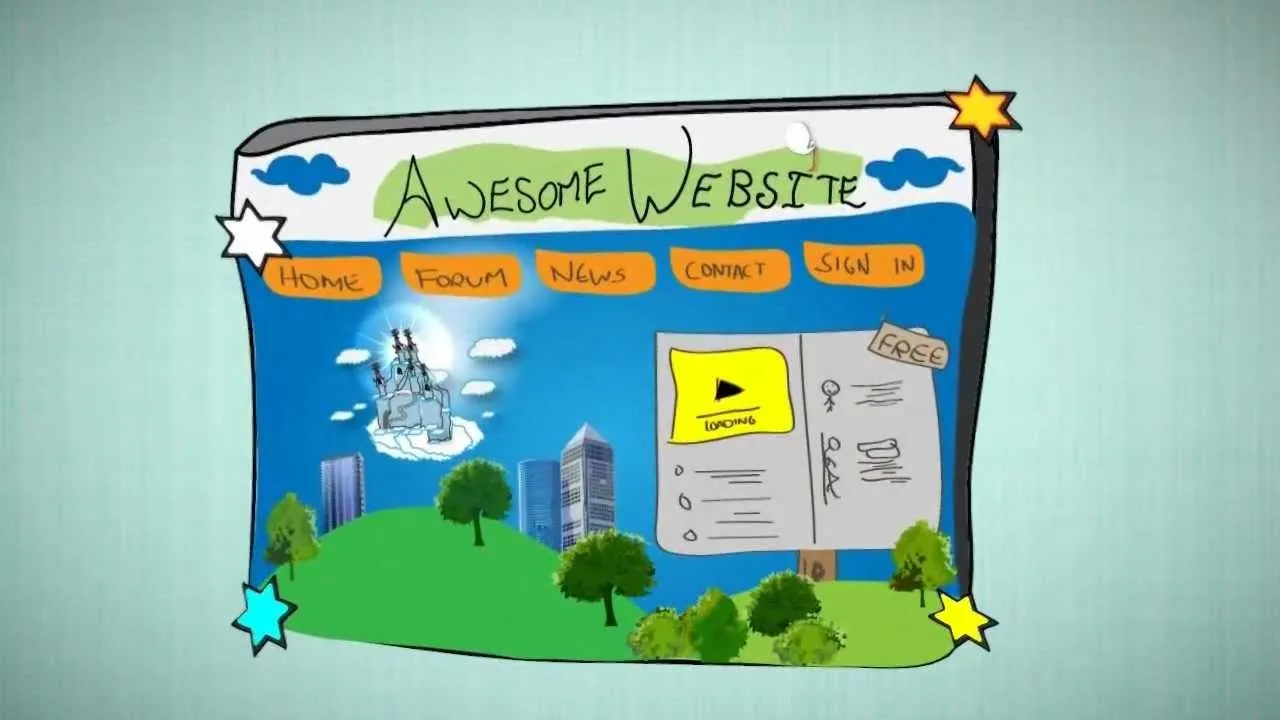 Illustration of a colorful website interface with stars, trees, and a city skyline.