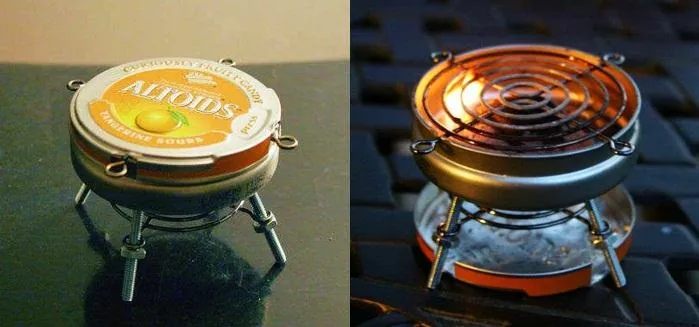 A makeshift portable stove made from an empty Altoids tin.