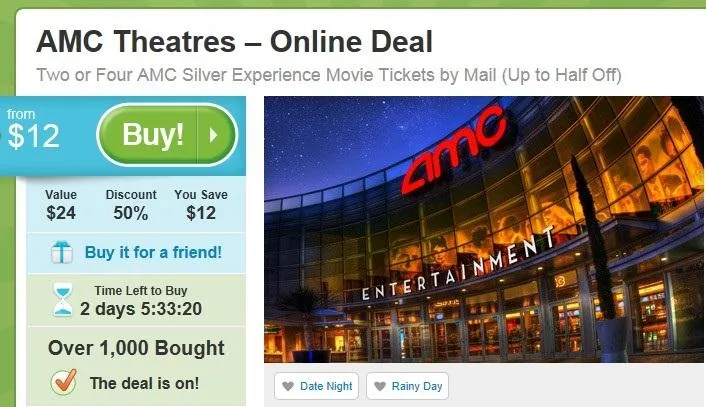 AMC Theatres online deal for discounted movie tickets.