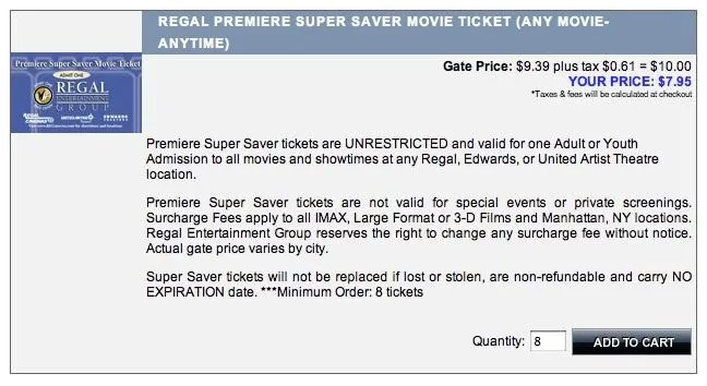 Regal Premiere Super Saver movie ticket details and pricing information.