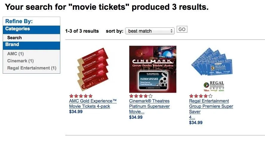 "Selection of movie ticket options for purchase."