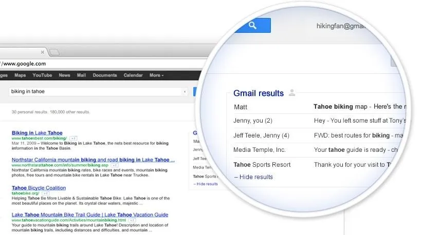Screenshot of Google search results highlighting Gmail results.