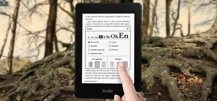 A person using an e-reader in a forest setting.