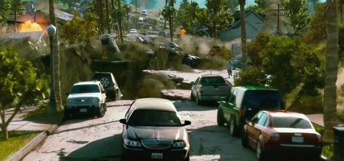 Cars navigating a damaged street during a disaster scene.