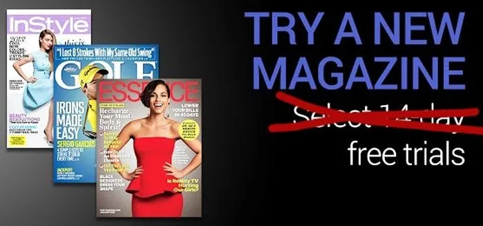 Magazine subscription advertisement featuring various magazine covers with a promotional message about free trials.