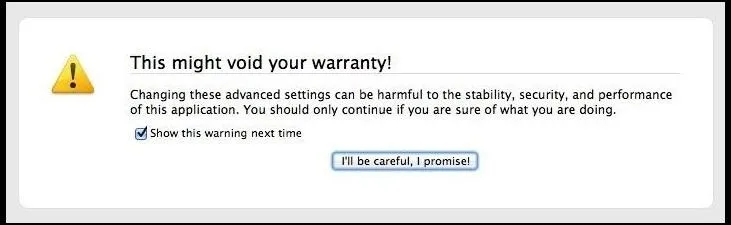 Warning about warranty voiding due to advanced settings changes.