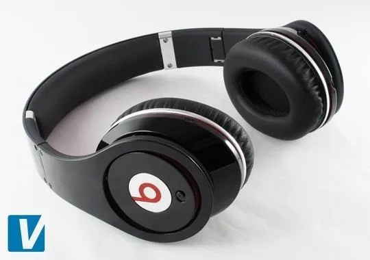 Black over-ear headphones with a red logo.