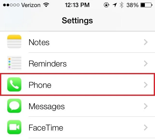 Settings menu on a mobile device with 'Phone' option highlighted.