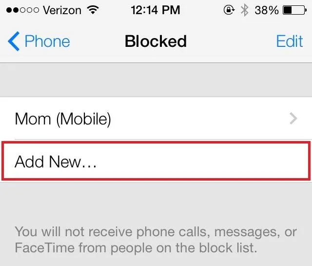 Blocked contacts list on a smartphone showing an option to add a new contact.