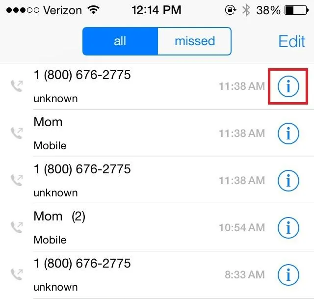 Call log on a mobile phone displaying missed calls and contact names.