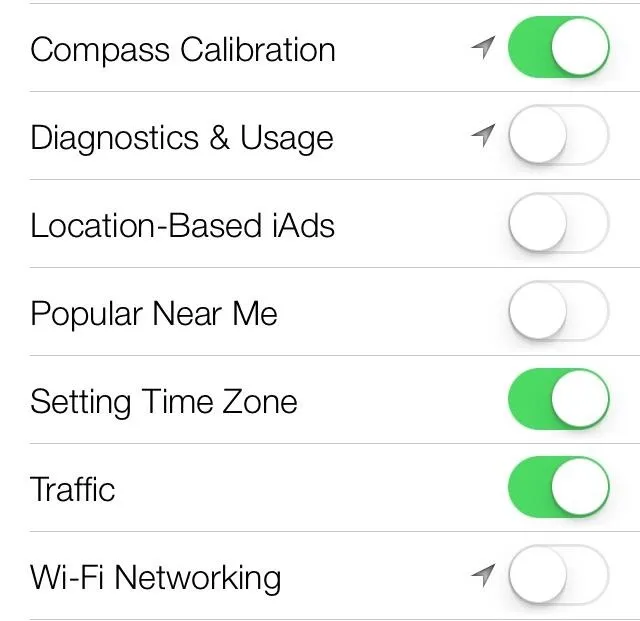 Settings menu with toggles for compass calibration, diagnostics, location-based ads, popular nearby places, time zone settings, traffic, and Wi-Fi networking.