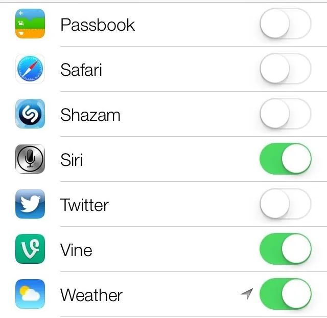 App settings menu featuring toggle switches for various applications including Passbook, Safari, Shazam, Siri, Twitter, Vine, and Weather.