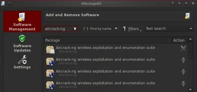 Software management interface displaying the installation options for a vulnerability exploitation and enumeration suite.