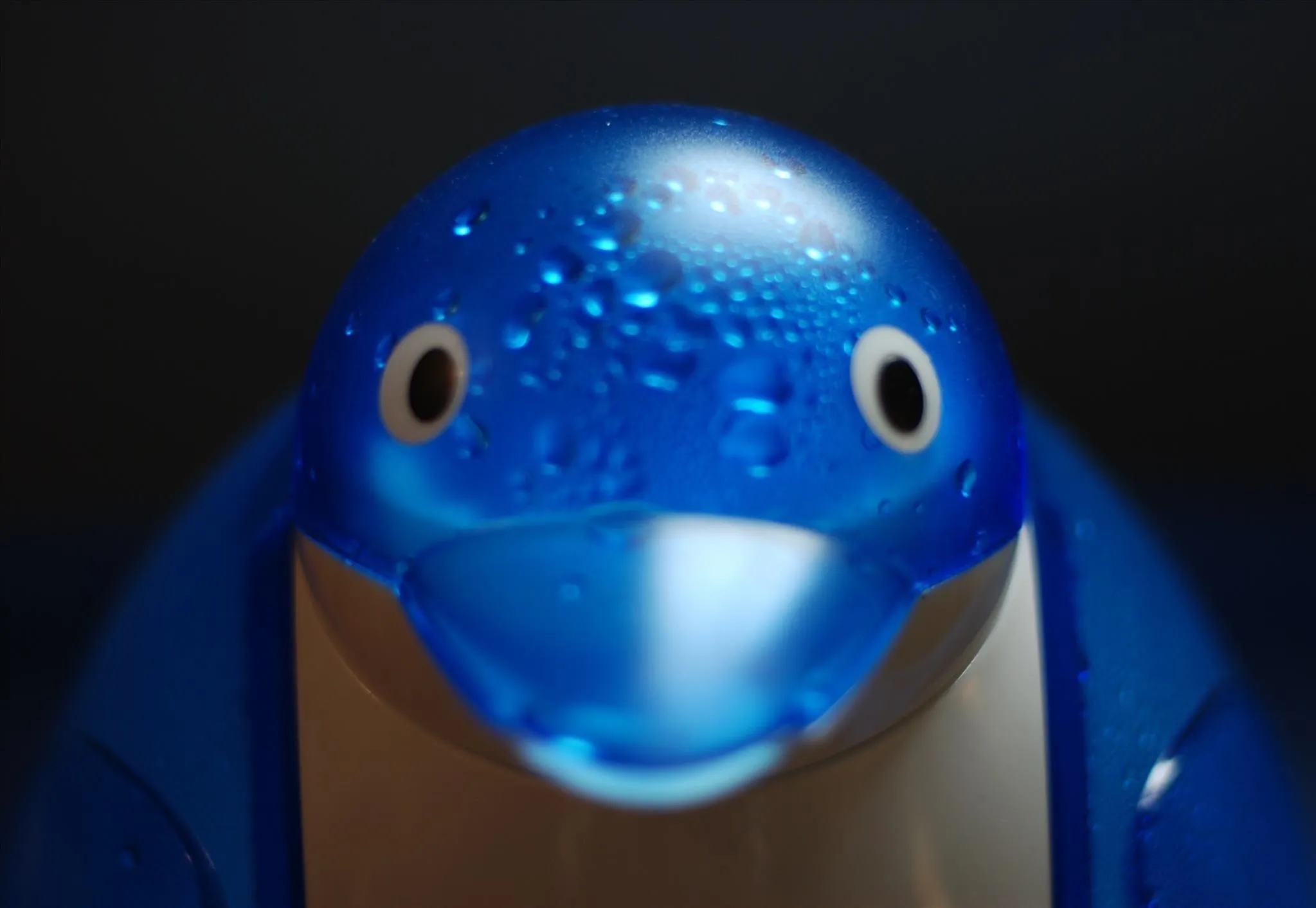 Blue penguin figurine with droplets of water on its surface.