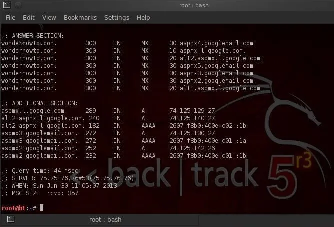 Terminal window displaying network scan results with various IP addresses and domains.