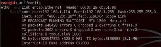 Network configuration details displayed in a terminal window.