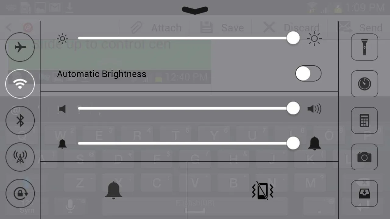 In-flight entertainment control panel displaying various settings for brightness, Wi-Fi, volume, and do not disturb mode.