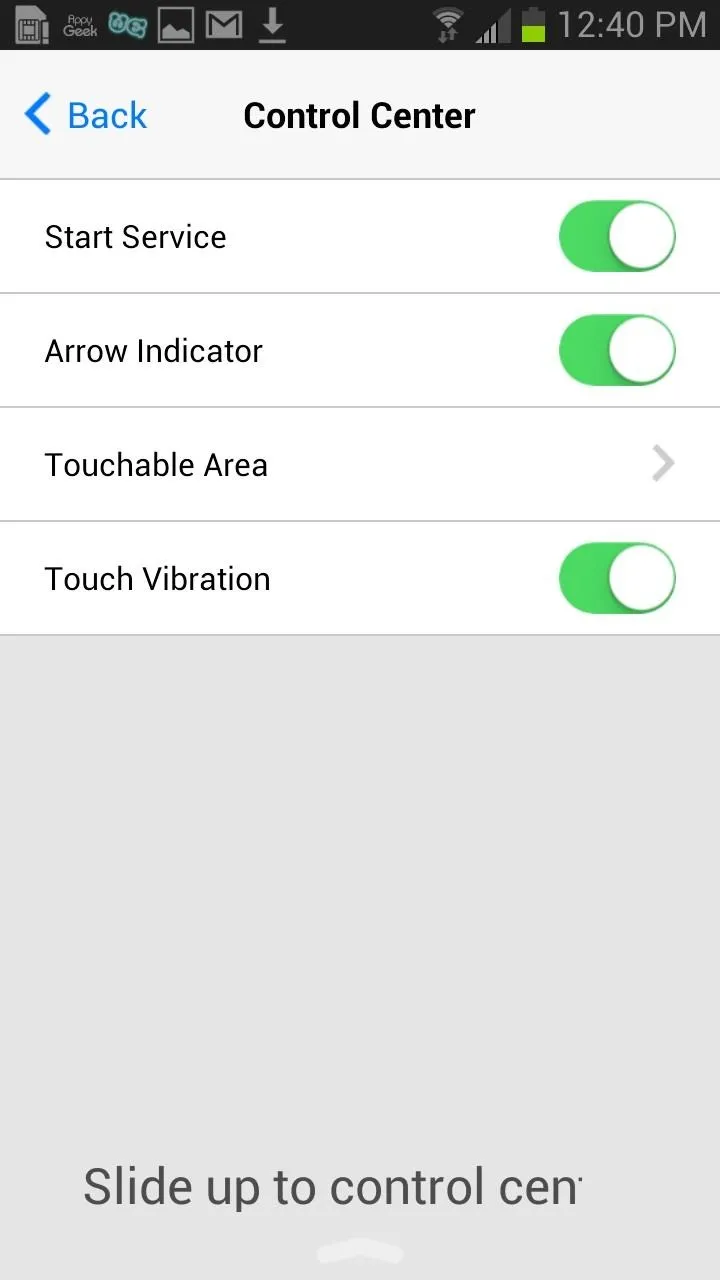 Control center settings interface for managing service options on a mobile device.