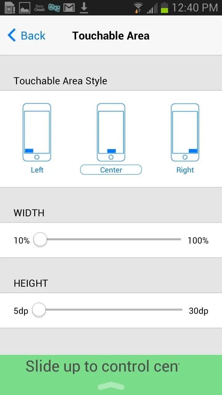 Settings screen for touchable area configuration with visual styles for different devices.