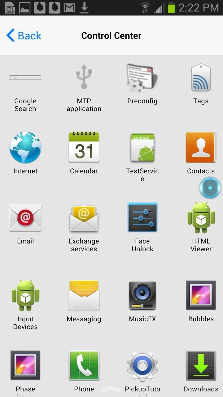 Mobile device control center interface with various app icons.