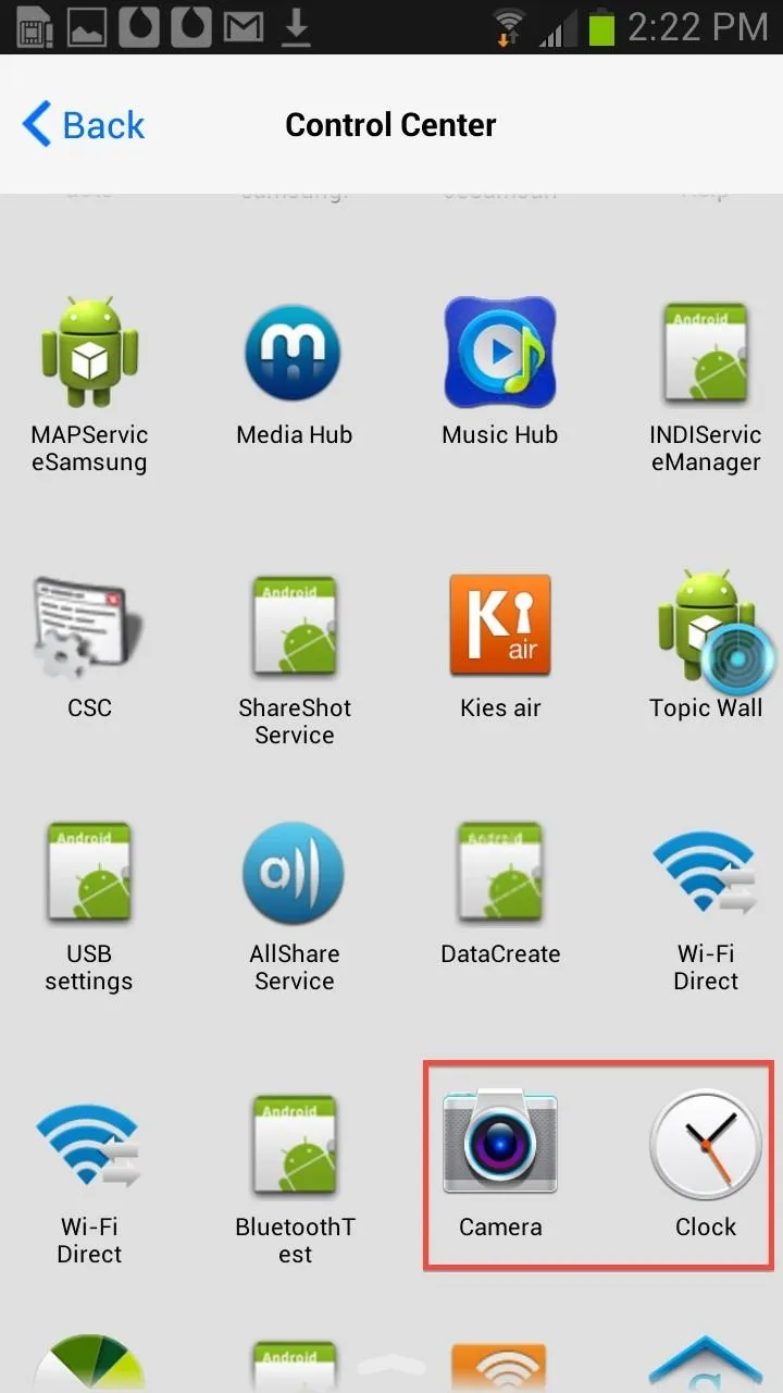 Mobile device control center displaying various app icons including a camera and clock.